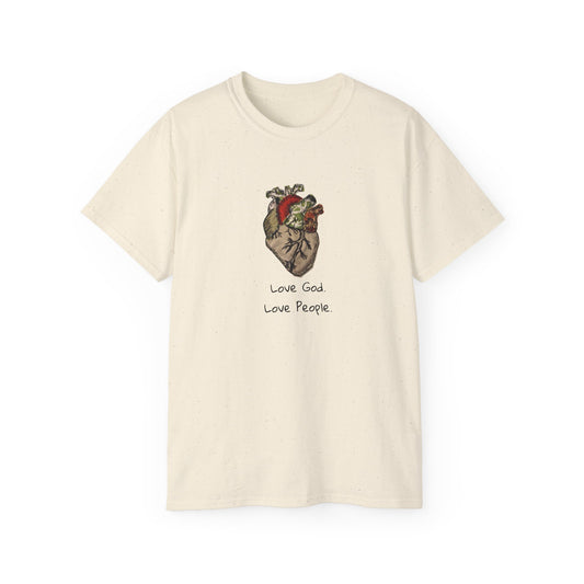 Apparel: Love God Love People Applique Vintage Medical Heart Unisex Ultra Cotton Tee