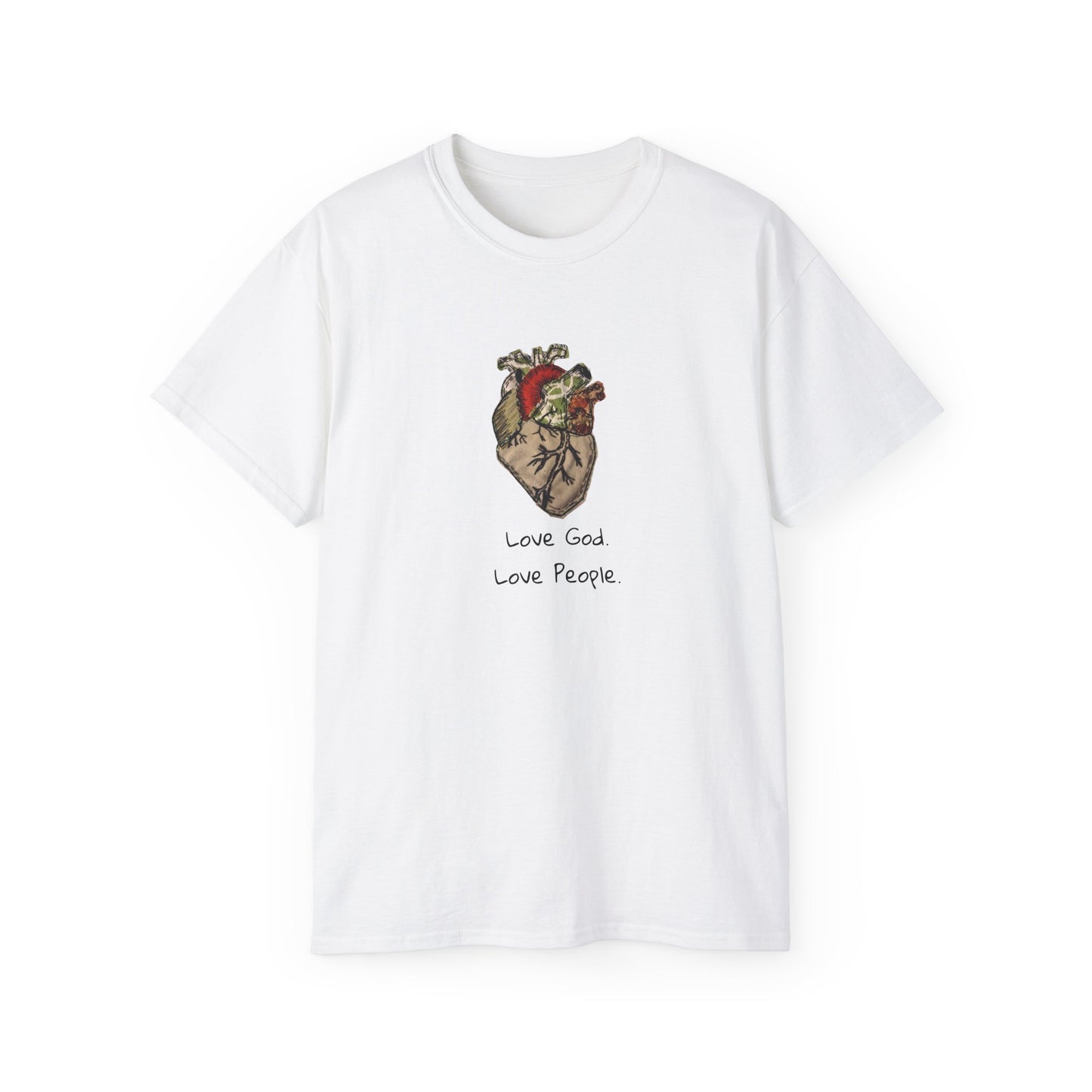 Apparel: Love God Love People Applique Vintage Medical Heart Unisex Ultra Cotton Tee