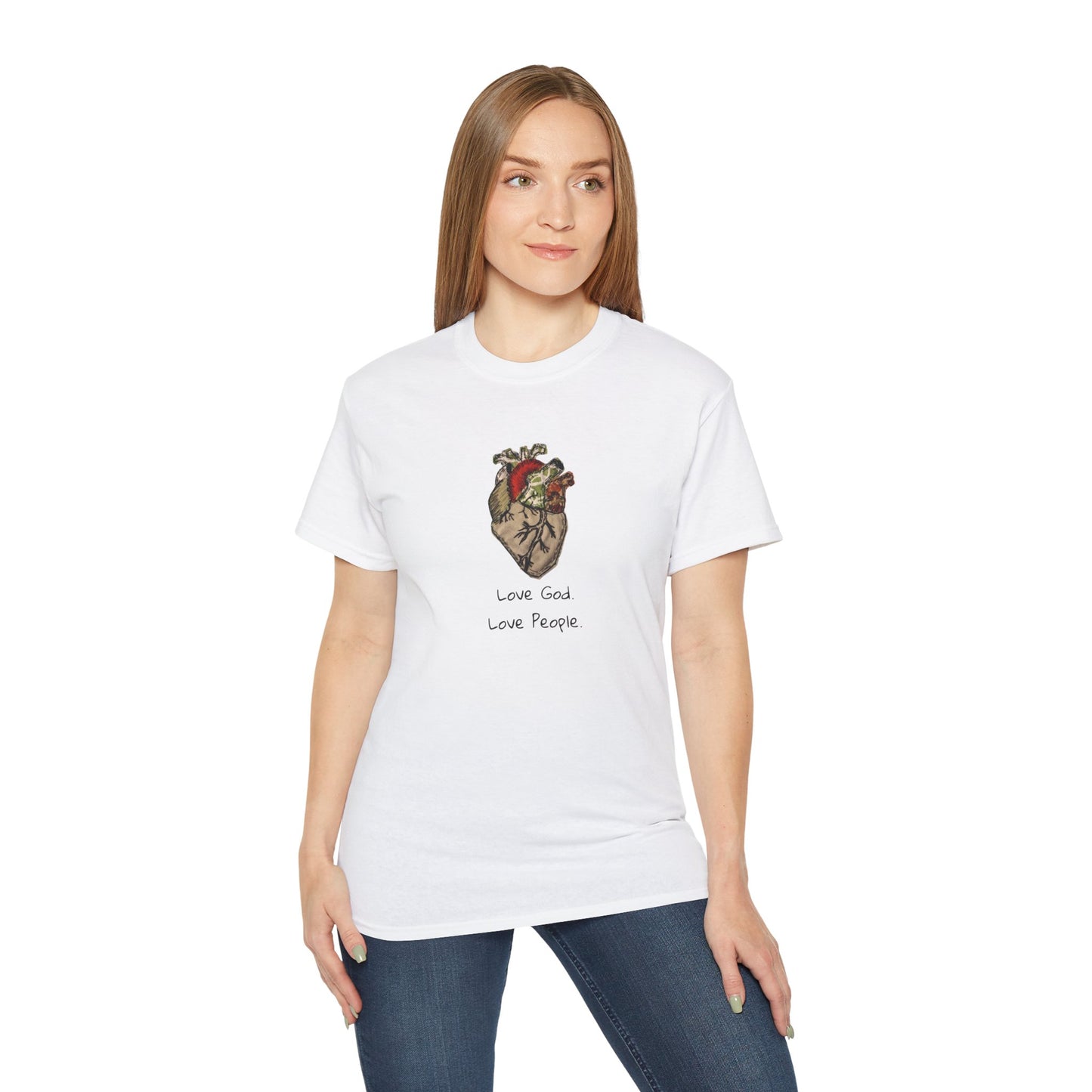 Apparel: Love God Love People Applique Vintage Medical Heart Unisex Ultra Cotton Tee