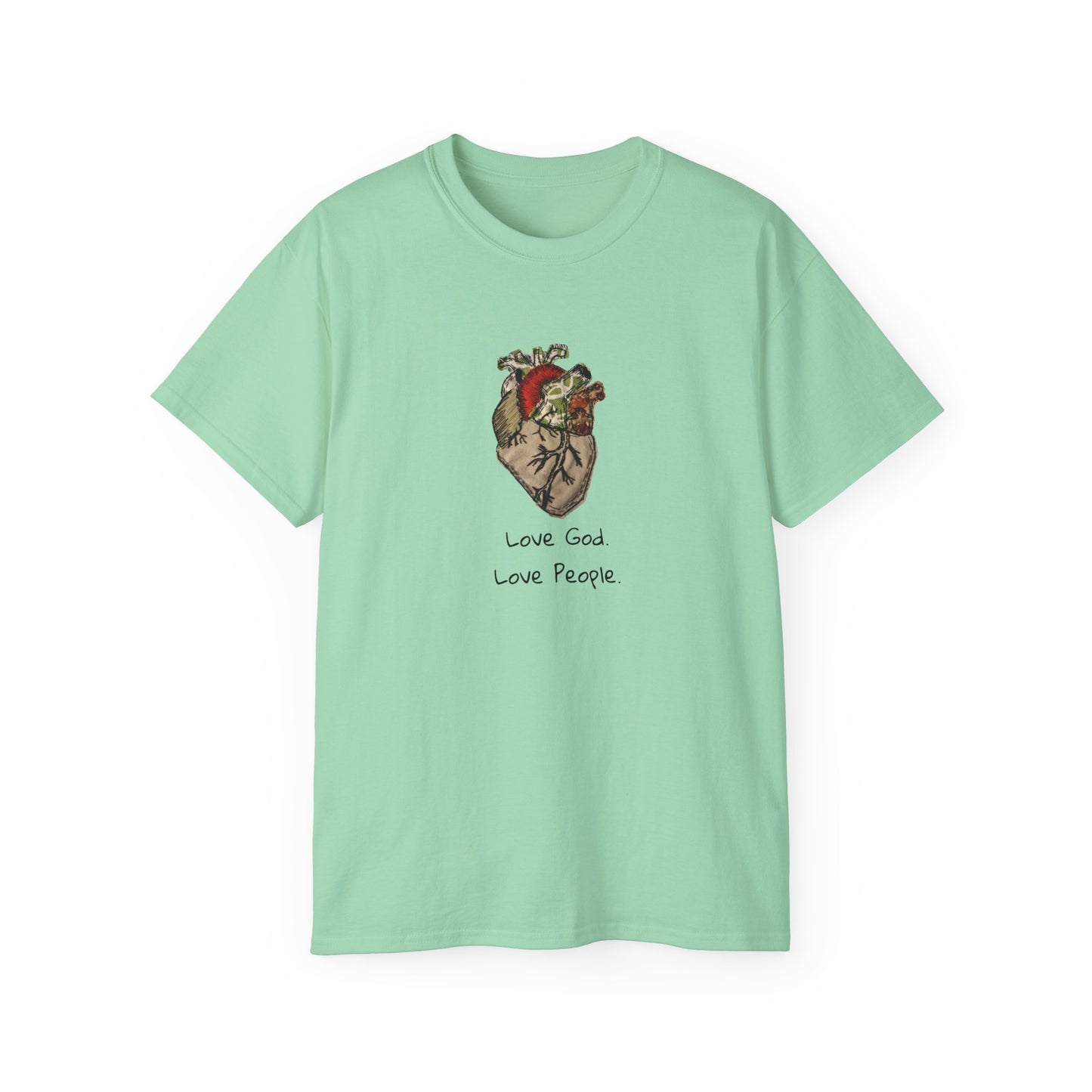 Apparel: Love God Love People Applique Vintage Medical Heart Unisex Ultra Cotton Tee