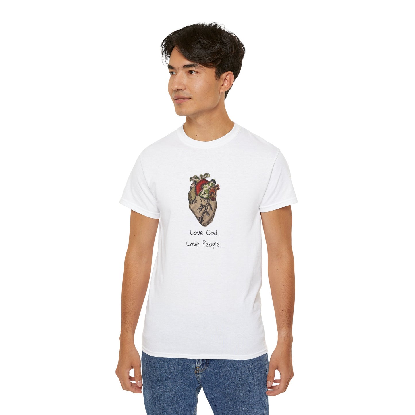 Apparel: Love God Love People Applique Vintage Medical Heart Unisex Ultra Cotton Tee