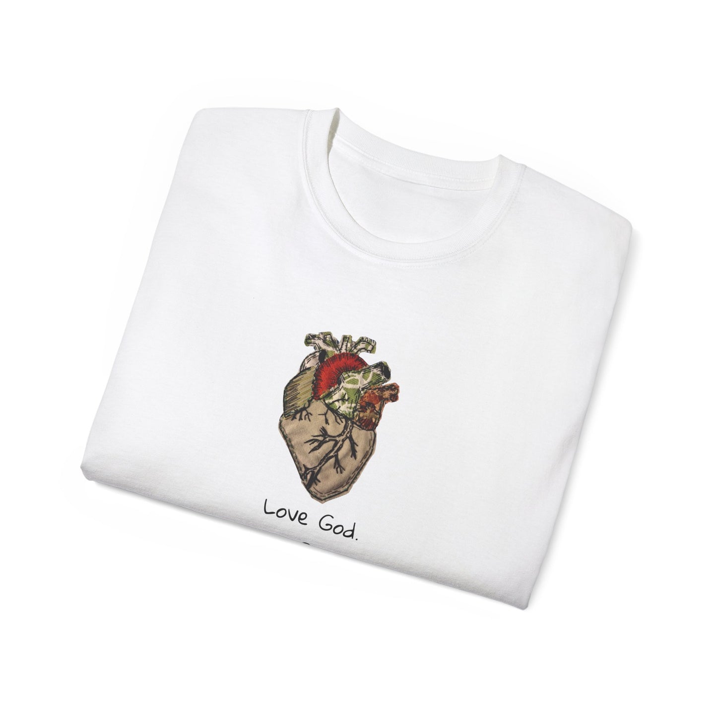 Apparel: Love God Love People Applique Vintage Medical Heart Unisex Ultra Cotton Tee