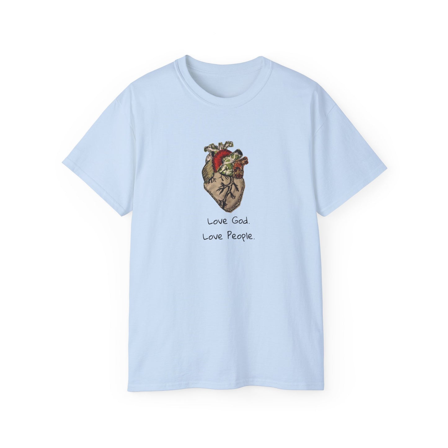 Apparel: Love God Love People Applique Vintage Medical Heart Unisex Ultra Cotton Tee
